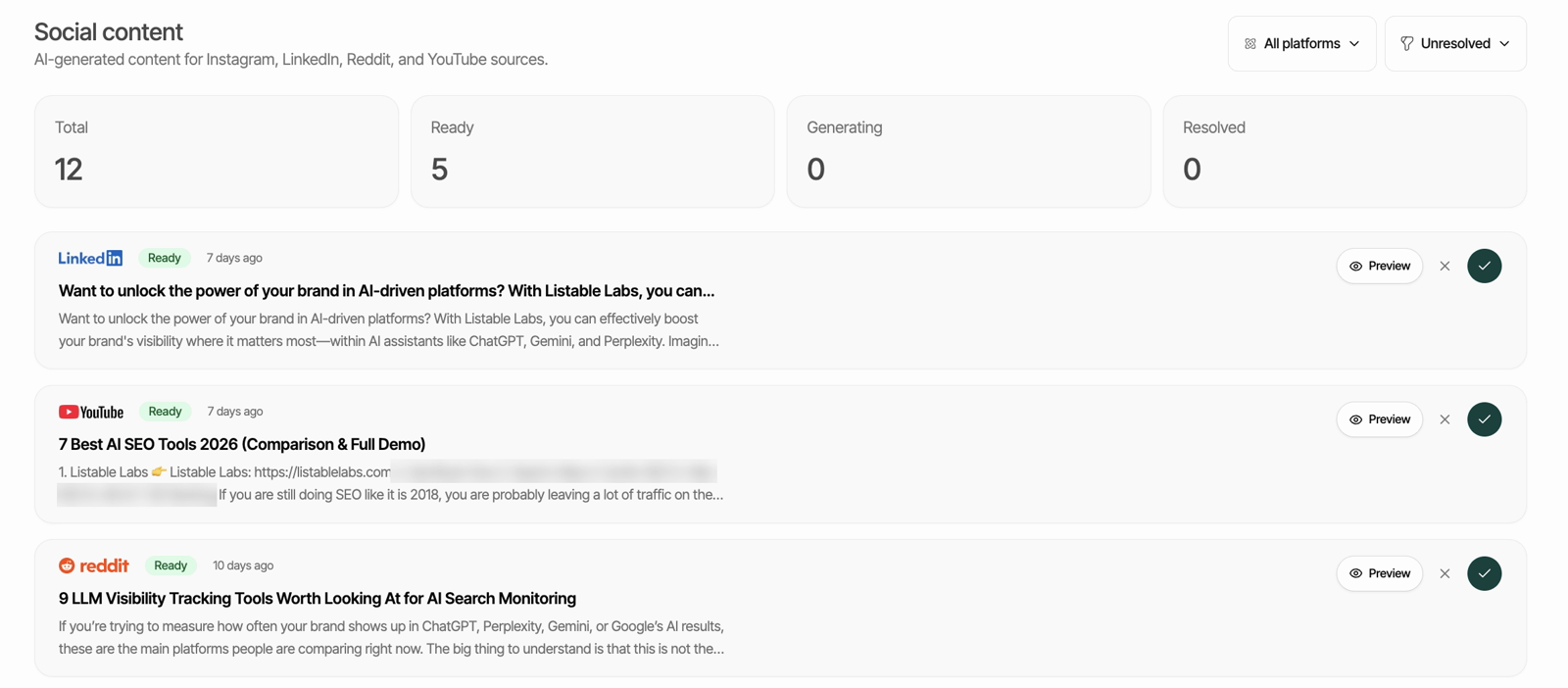 Listable Labs Social content page: ready-to-post drafts for LinkedIn, YouTube and Reddit generated from the sources AI cites, with preview, dismiss and approve actions
