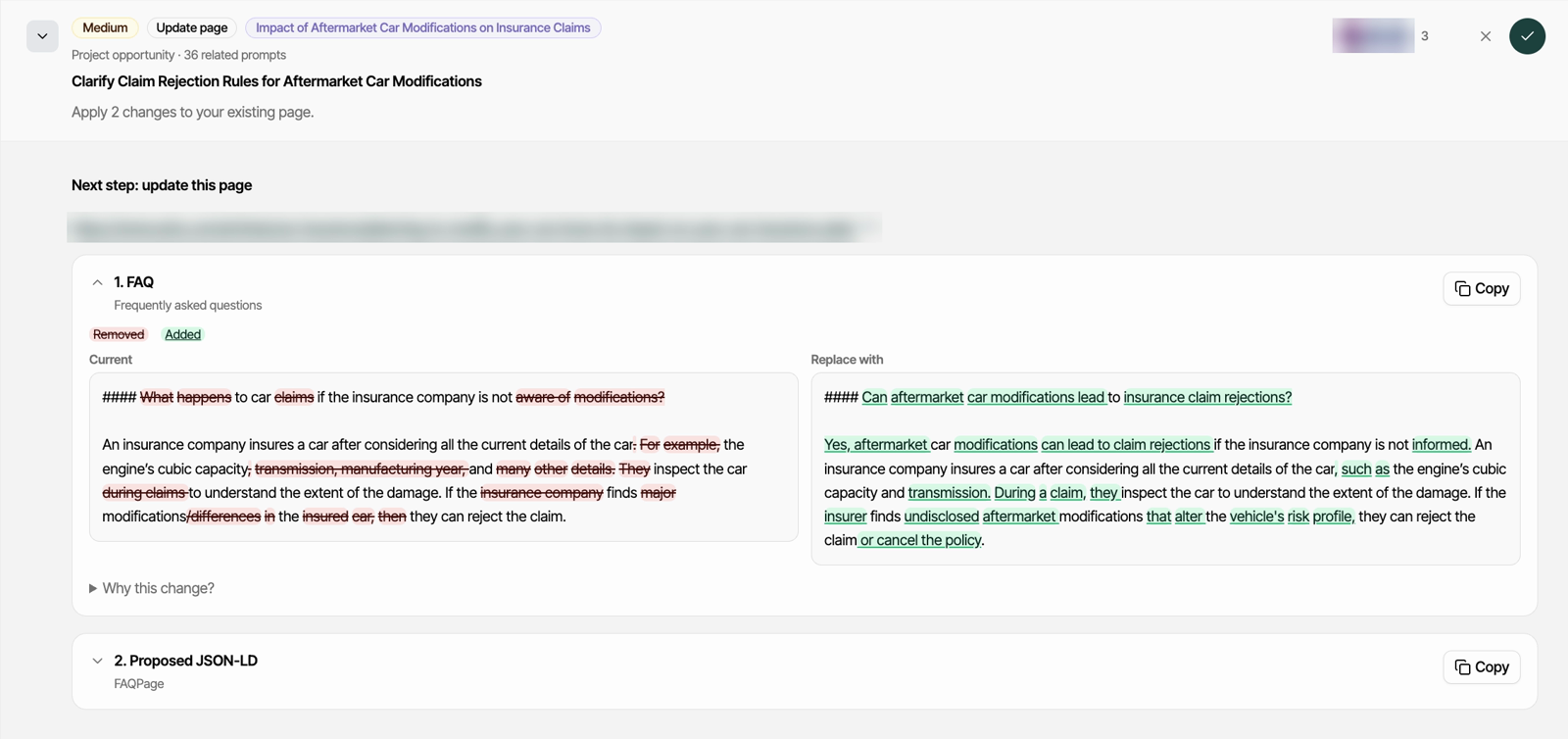 A Listable Labs suggestion to update an existing page: medium priority, 36 related prompts, the current FAQ answer next to a rewritten one with removed and added words highlighted, plus a proposed FAQPage JSON-LD change